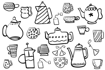hand drawn doodle collection of tea and coffee pots cups mugs and teabags arranged on white background in black outline illustration concept of beverage design, cafe branding, kitchen decoration