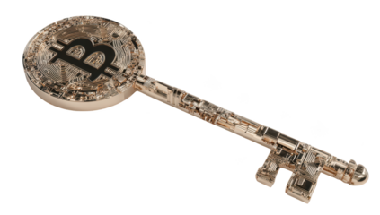 Golden key design with a Bitcoin symbol representing digital access