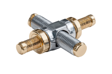 Metallic, intricate mechanical component with golden accents, crosses