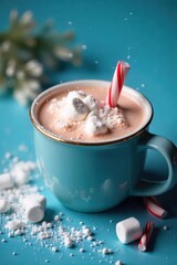 Warm mug of peppermint hot chocolate, marshmallows, blue backdrop, food photography, creamy, treat