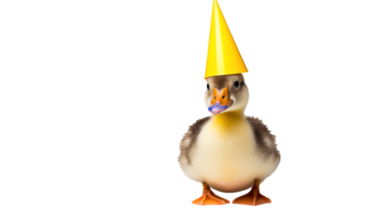 Adorable fluffy duckling wearing a yellow party hat, perfect for celebrations and fun.