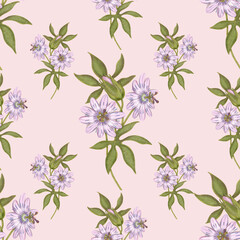Seamless botanical pattern with purple passionflower flowers on a light background. Hand-drawn print