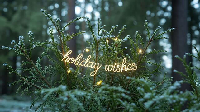 Illuminated holiday wishes script glows warmly on a frostcovered evergreen branch in a serene winter forest setting