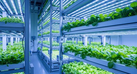 Modern Indoor Vertical Farm with LED Lighting and Crops.