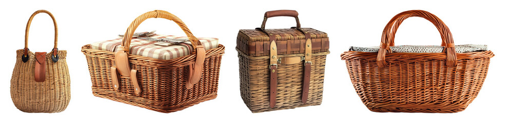 Four wicker baskets including a tote and picnic styles with varied handles and closures transparent background