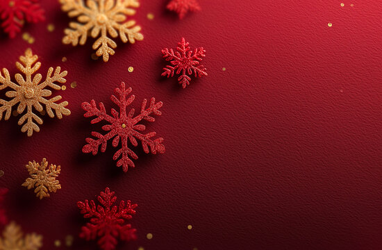 Christmas background with red and gold snowflakes on a red background - Powered by Adobe