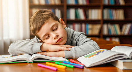 Exhausted Young Boy Sleeps on His Desk with Books After Studying