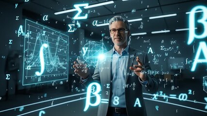 Professor in a virtual reality environment with mathematical formulas floating around - Powered by Adobe