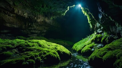 Deep cave with glowing moss, underground river, mysterious fantasy lighting