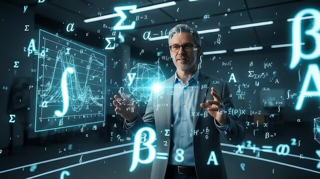 Professor in a virtual reality environment with mathematical formulas floating around