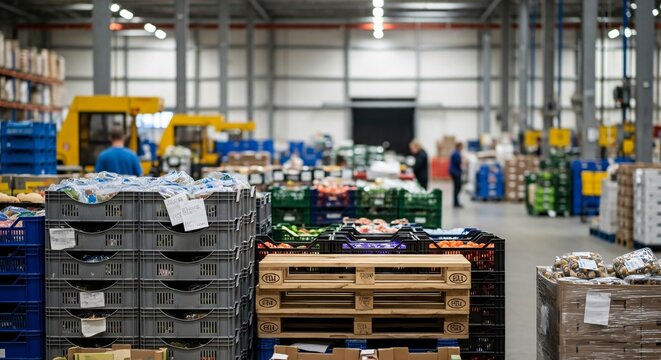 Logistics hub: Stacked crates of fresh produce and pallets in a busy industrial warehouse.