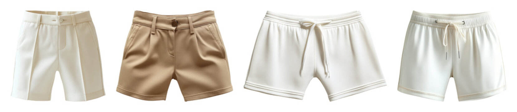 Four pairs of women's casual and formal shorts in cream and tan tones fashion transparent background