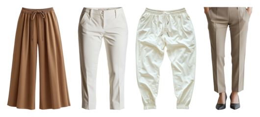 Four pairs of women's pants displayed side by side including wide leg tailored and jogger styles transparent background