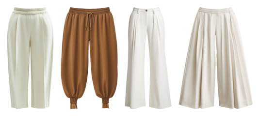 Four pairs of women's trousers cream and brown colors studio shot pants transparent background