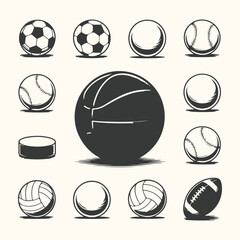 A set of vector sport ball icons, including football, basketball, baseball, and tennis, for game and team design