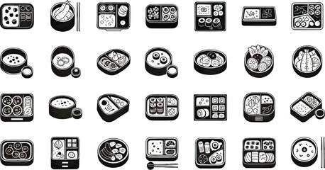 Minimal Japanese food icons featuring bento box silhouettes, vector