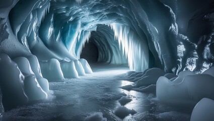 Ice cave interior with glowing light, cold tones, unique frozen texture, natural background