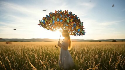 Serene woman holding a butterfly umbrella in a golden wheat field at sunset, a whimsical dream of nature's beauty and freedom.