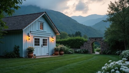 Fototapeta premium Quaint countryside light blue barn, green plants, majestic mountain landscape. Dusk sky, rustic architecture, serene nature view. Peaceful outdoors, tranquil evening home, garden decor. Ideal for