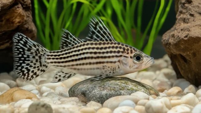 Close up of a striped Synodontis Petricola catfish resting on a grey rock in an aquarium with pebbles and green plants