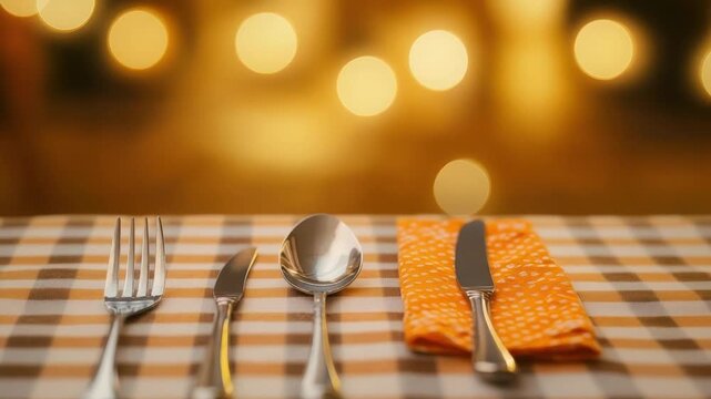 Close up view of polished silverware and an orange patterned napkin on a checkered tablecloth with warm bokeh background