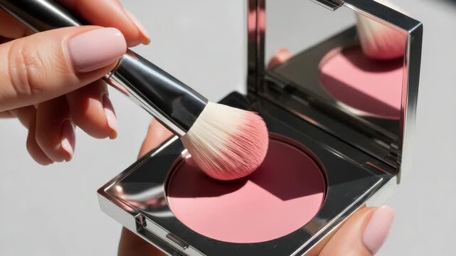 Applying blush demonstration with brush, creating a radiant complexion for beauty routine