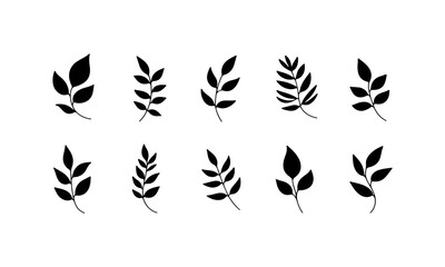 Fototapeta premium Set of ten unique leaf designs in various shapes arranged in a pattern with black silhouettes on a white background
