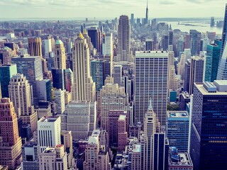 Panoramic view of the new york city skyline, showcasing a dense collection of modern skyscrapers and urban architecture under a cloudy sky