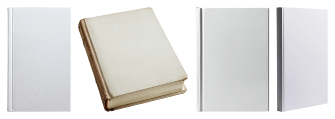 Four books one white textured one antique beige cloth and two modern white transparent background