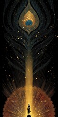 Elegant digital illustration of a deity standing on a radiant platform with cosmic energy flowing upward into an intricate peacock feather design filled with glowing particles and cosmic patterns
