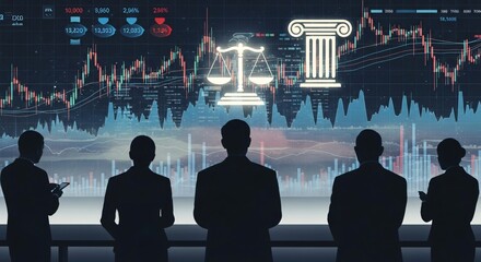 Corporate team silhouettes watching financial graphs and legal icons on a digital screen.