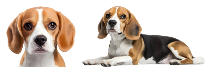 Two beagles one headshot and one lying down ready to dog puppy canine pet transparent background