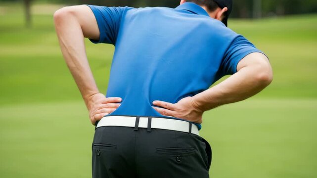 Man with back pain on golf course holding lower back for injury relief, muscle strain or spine discomfort after physical activity outdoors in sportswear