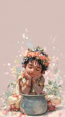 Fototapeta premium Beautiful young girl with floral crown and traditional jewelry resting her chin on her hands inside a large pot surrounded by colorful flowers and petals, soft pastel background with bokeh effects