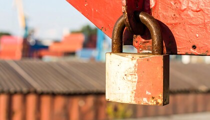 Rusty padlock on a red metal structure