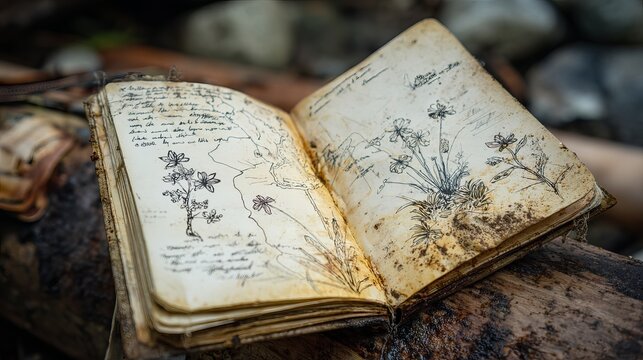 Vintage botanical field journal open to detailed flower sketches and handwritten notes resting on rustic wood outdoors