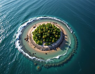 lonely island suffering erosion damage, half submerged under tide, coastline vanishing, tropical vegetation scattered, cinematic aerial shot, natural realism, environmental theme emphasized.