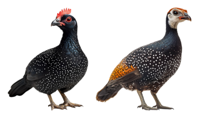 Two helmeted guinea fowl displaying spotted plumage and vibrant head crests transparent background