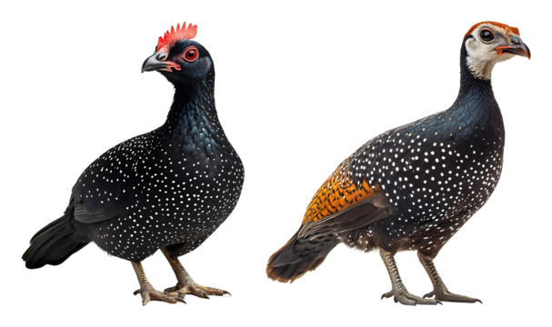 Two helmeted guinea fowl displaying spotted plumage and vibrant head crests transparent background