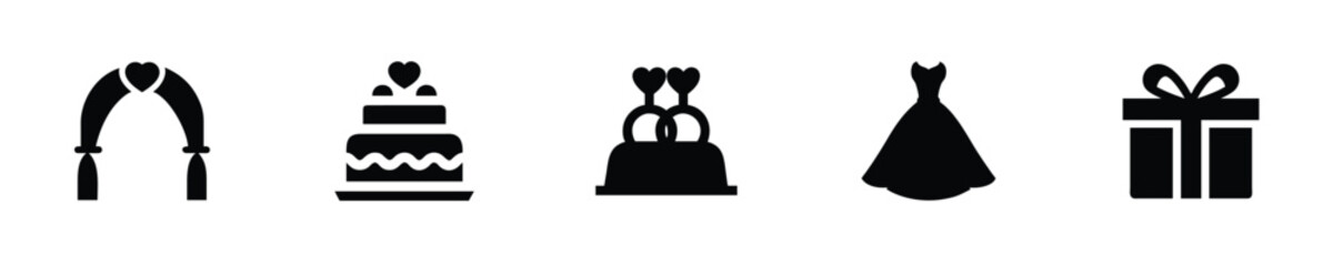 Wedding icons including arch cake dress gift toppers vector