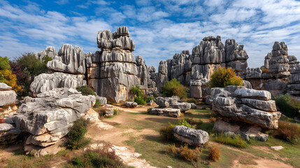Enchanting Stone Forest A Landscape of Towering Limestone Formations Under a Blue Sky With Wispy Clouds Nature's Sculpture