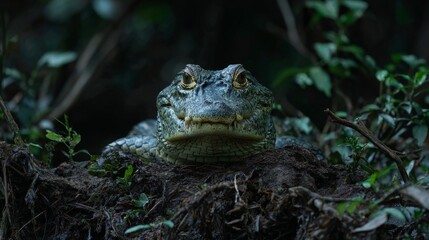 Fototapeta premium Close-up of a crocodile head resting on earthy ground surrounded by green foliage with focused eyes in a natural habitat