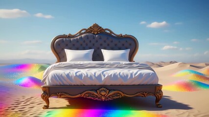 Ornate bed in a desert landscape, with a rainbow effect - Powered by Adobe