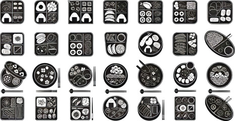 Minimalist vector icon set of Japanese bento boxes in silhouette style, vector