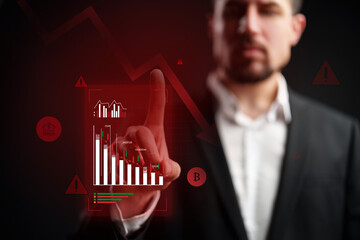 Business professional analyzing data trends using digital interface on black background