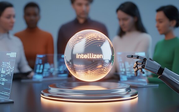 Robot hand points to glowing intellizen orb during a futuristic business meeting with diverse team members