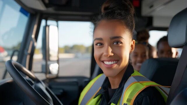 Female school bus driver smiling happily at camera. Profession, work, transport, education, safety. Young and happy woman behind the wheel, children in the back seat. Responsibility, school trips.