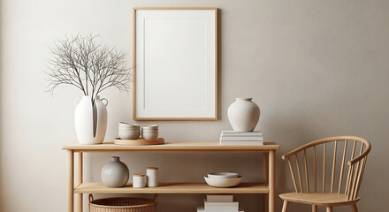 Minimalist home interior with blank frame wooden furniture and decorative elements