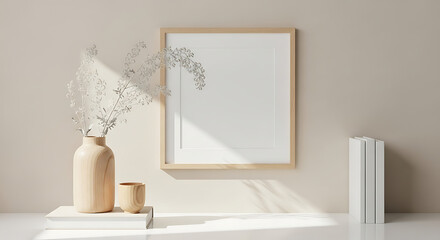 Minimalist home decor mockup with wooden frame vase and books in neutral tones