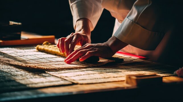 Hands Rolling Sushi on a Bamboo Mat